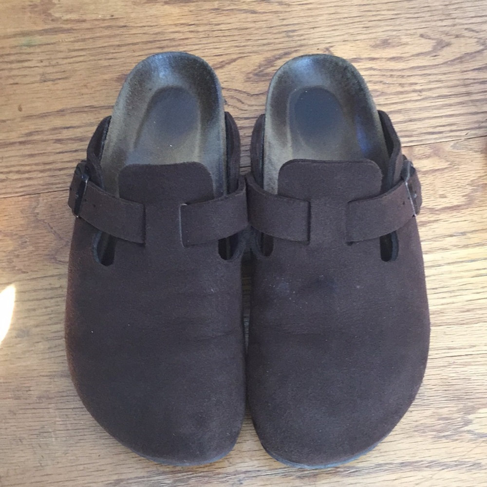 brown suede Birkenstock clogs